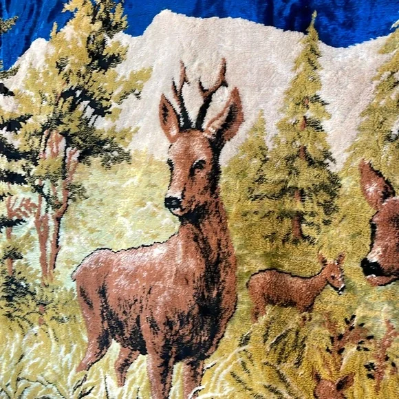 Vintage Velvet Italian Tapestry Rug Wall Hanging of Mountain Scene Buck & Deer